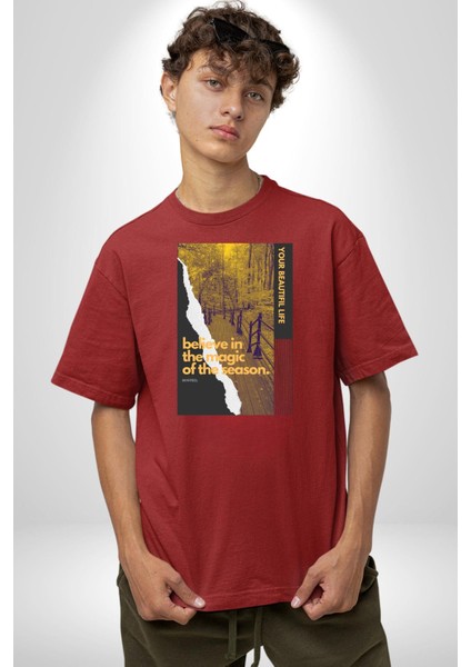 Sezonun Büyüsüne Inanın Kadın Erkek Ön Baskılı Kırmızı Pamuklu Tişört Penye Klasik fiyatları