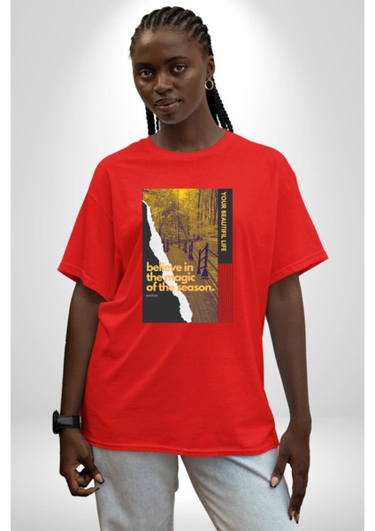 Sezonun Büyüsüne Inanın Kadın Erkek Ön Baskılı Kırmızı Pamuklu Tişört Penye Klasik modelleri