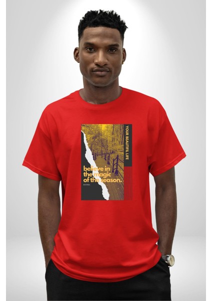 Sezonun Büyüsüne Inanın Kadın Erkek Ön Baskılı Kırmızı Pamuklu Tişört Penye Klasik fırsatları