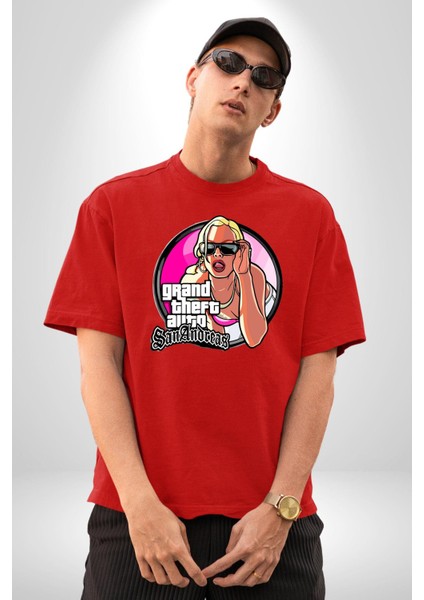 Gta San Andreas Logo Kadın Erkek Ön Baskılı Kırmızı Pamuklu Tişört Penye Klasik