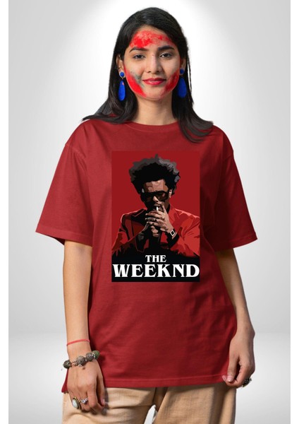 The Weekend Efsane Solist Kadın Erkek Ön Baskılı Kırmızı Pamuklu Tişört Penye Klasik fırsatları