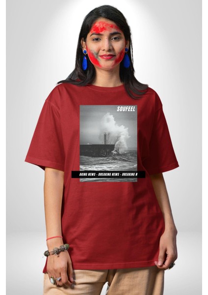 Denizkıran Gemi Haberleri Kadın Erkek Ön Baskılı Kırmızı Pamuklu Tişört Penye Klasik fiyatları