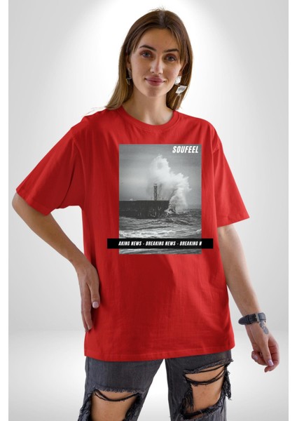 Denizkıran Gemi Haberleri Kadın Erkek Ön Baskılı Kırmızı Pamuklu Tişört Penye Klasik modelleri