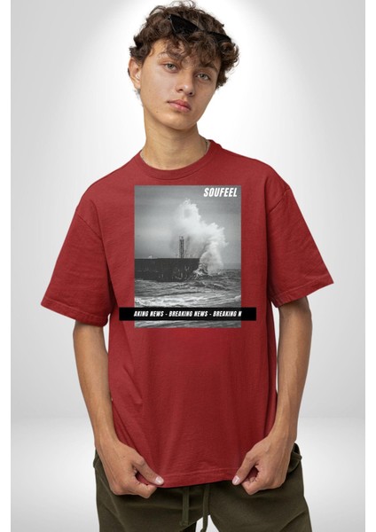 Denizkıran Gemi Haberleri Kadın Erkek Ön Baskılı Kırmızı Pamuklu Tişört Penye Klasik fırsatları