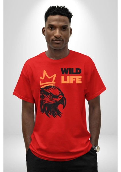 Vahşi Yaşam Saldırgan Kartal Kadın Erkek Ön Baskılı Kırmızı Pamuklu Tişört Penye Klasik