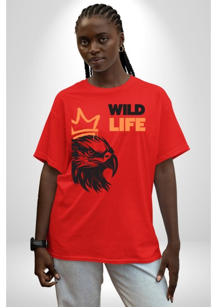 Vahşi Yaşam Saldırgan Kartal Kadın Erkek Ön Baskılı Kırmızı Pamuklu Tişört Penye Klasik fiyatları