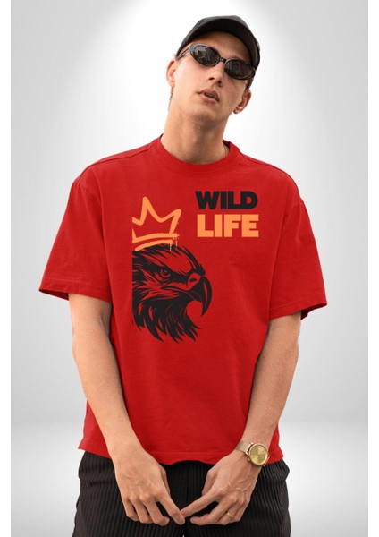 Vahşi Yaşam Saldırgan Kartal Kadın Erkek Ön Baskılı Kırmızı Pamuklu Tişört Penye Klasik modelleri