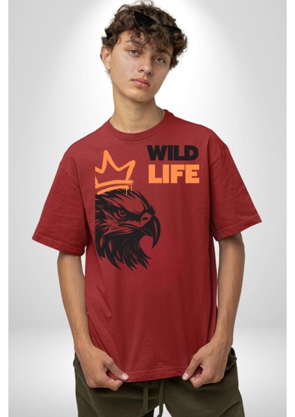 Vahşi Yaşam Saldırgan Kartal Kadın Erkek Ön Baskılı Kırmızı Pamuklu Tişört Penye Klasik fırsatları