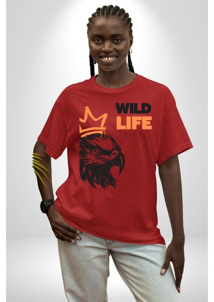Vahşi Yaşam Saldırgan Kartal Kadın Erkek Ön Baskılı Kırmızı Pamuklu Tişört Penye Klasik indirimleri