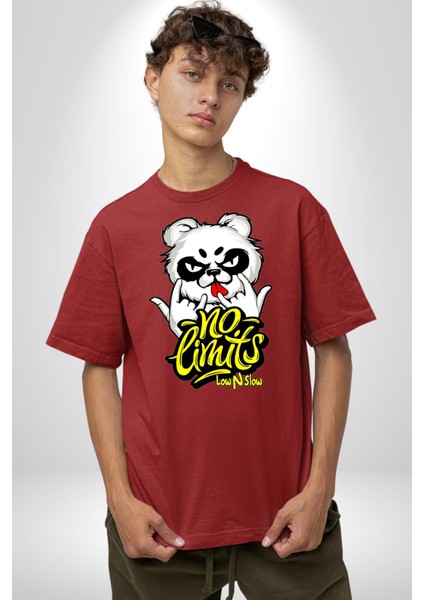 Havalı Panda Limit Yok Kadın Erkek Ön Baskılı Kırmızı Pamuklu Tişört Penye Klasik