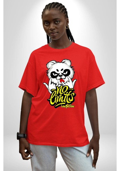 Havalı Panda Limit Yok Kadın Erkek Ön Baskılı Kırmızı Pamuklu Tişört Penye Klasik fiyatları
