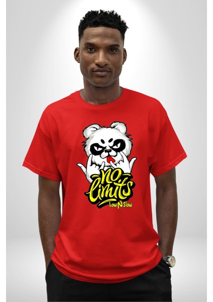 Havalı Panda Limit Yok Kadın Erkek Ön Baskılı Kırmızı Pamuklu Tişört Penye Klasik modelleri