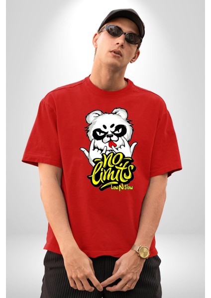 Havalı Panda Limit Yok Kadın Erkek Ön Baskılı Kırmızı Pamuklu Tişört Penye Klasik indirimleri