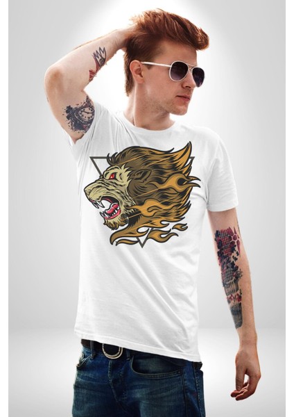 Astral Aslan Üçgen Içinde Kadın Erkek Ön Baskılı Beyaz Pamuklu Tişört Penye Klasik