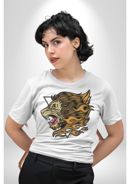 Astral Aslan Üçgen Içinde Kadın Erkek Ön Baskılı Beyaz Pamuklu Tişört Penye Klasik fiyatları