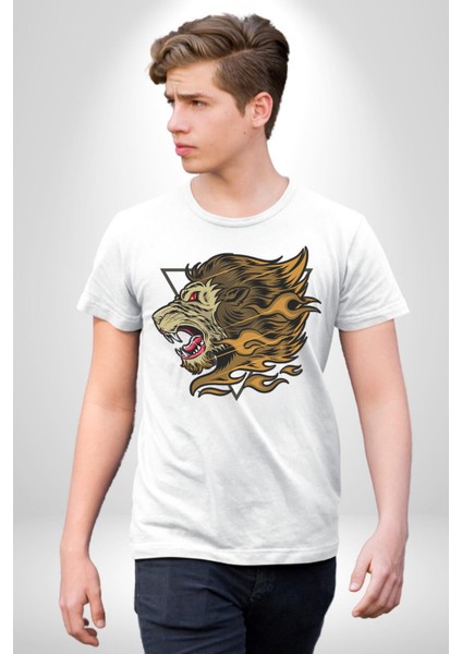 Astral Aslan Üçgen Içinde Kadın Erkek Ön Baskılı Beyaz Pamuklu Tişört Penye Klasik modelleri