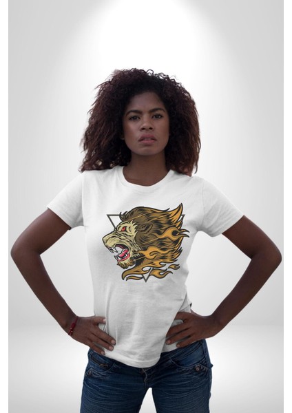 Astral Aslan Üçgen Içinde Kadın Erkek Ön Baskılı Beyaz Pamuklu Tişört Penye Klasik fırsatları