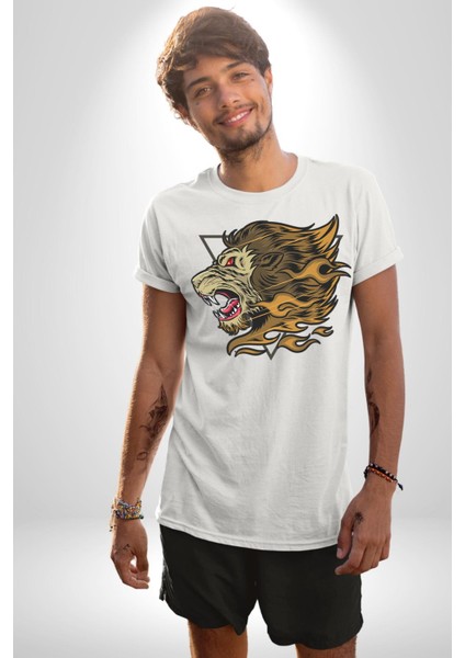 Astral Aslan Üçgen Içinde Kadın Erkek Ön Baskılı Beyaz Pamuklu Tişört Penye Klasik indirimleri