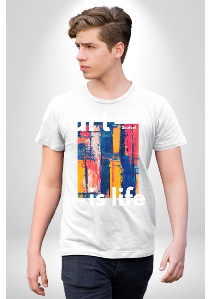 Sanat Hayattır Modern Art Kadın Erkek Ön Baskılı Beyaz Pamuklu Tişört Penye Klasik