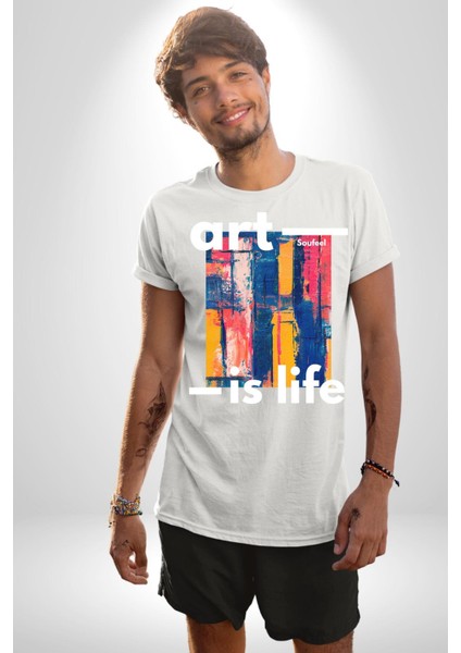 Sanat Hayattır Modern Art Kadın Erkek Ön Baskılı Beyaz Pamuklu Tişört Penye Klasik modelleri