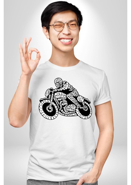 Kaligram Motorsiklet Havalı Kadın Erkek Ön Baskılı Beyaz Pamuklu Tişört Penye Klasik