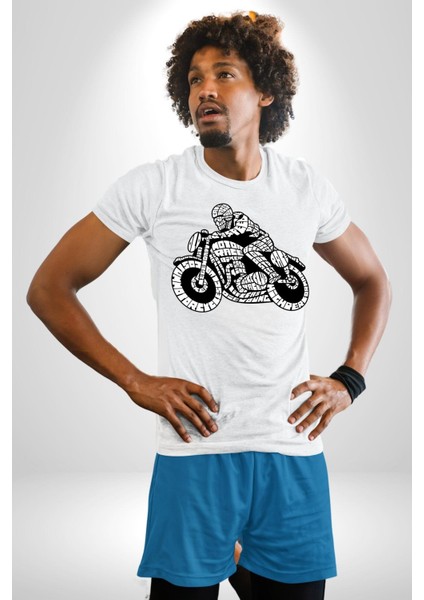 Kaligram Motorsiklet Havalı Kadın Erkek Ön Baskılı Beyaz Pamuklu Tişört Penye Klasik fiyatları