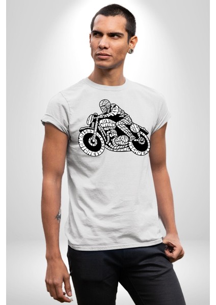 Kaligram Motorsiklet Havalı Kadın Erkek Ön Baskılı Beyaz Pamuklu Tişört Penye Klasik modelleri