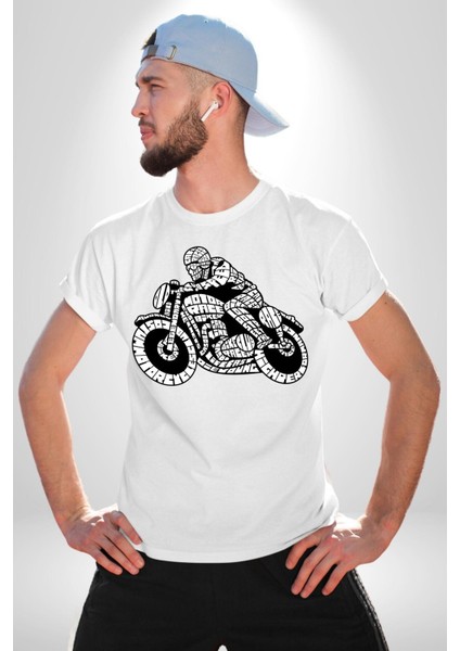 Kaligram Motorsiklet Havalı Kadın Erkek Ön Baskılı Beyaz Pamuklu Tişört Penye Klasik fırsatları