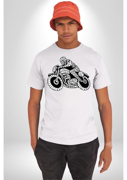 Kaligram Motorsiklet Havalı Kadın Erkek Ön Baskılı Beyaz Pamuklu Tişört Penye Klasik indirimleri