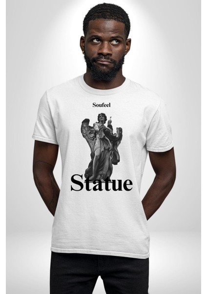 Yunan Heykeli Statue Kadın Erkek Ön Baskılı Beyaz Pamuklu Tişört Penye Klasik
