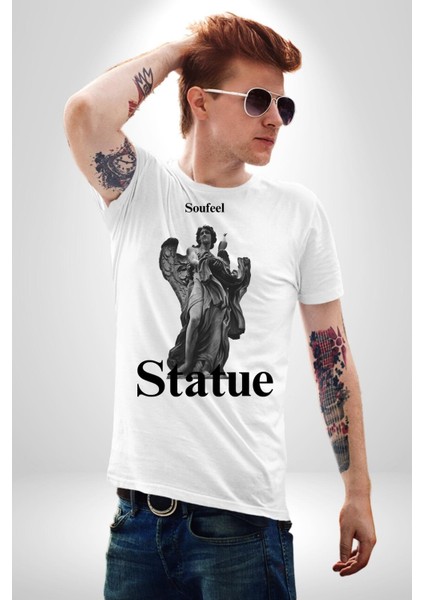 Yunan Heykeli Statue Kadın Erkek Ön Baskılı Beyaz Pamuklu Tişört Penye Klasik modelleri