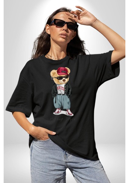 Hip Hop Tarzı Oyuncak Ayı Kadın Erkek Ön Baskılı Siyah Pamuklu Tişört Penye Klasik