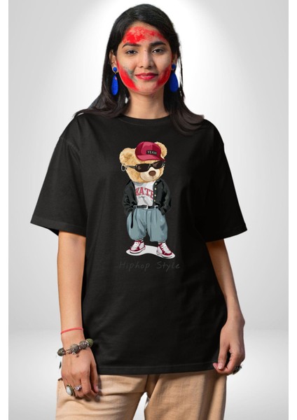 Hip Hop Tarzı Oyuncak Ayı Kadın Erkek Ön Baskılı Siyah Pamuklu Tişört Penye Klasik fiyatları