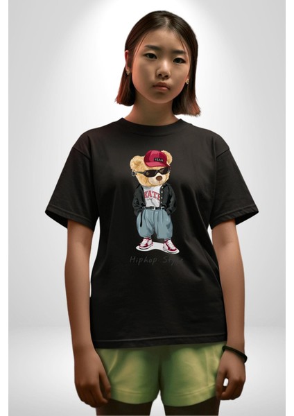 Hip Hop Tarzı Oyuncak Ayı Kadın Erkek Ön Baskılı Siyah Pamuklu Tişört Penye Klasik indirimleri