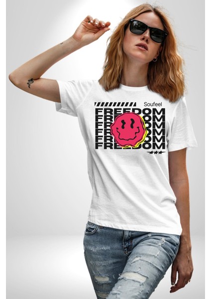 Özgürlük Gülen Surat Kadın Erkek Ön Baskılı Beyaz Pamuklu Tişört Penye Klasik