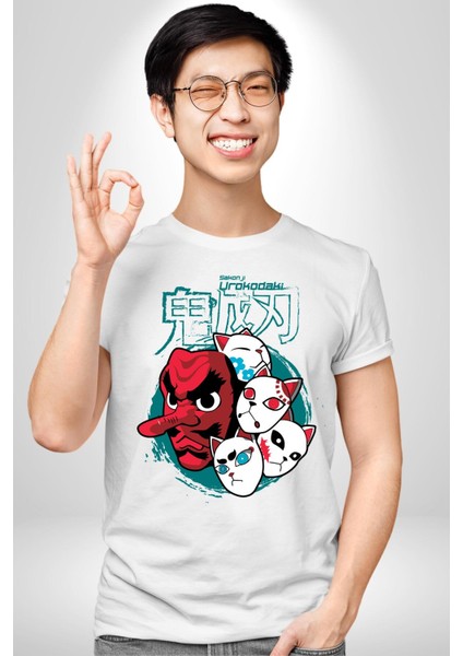 Demon Slayer Urokodaki Maskeler Anime Kadın Erkek Ön Baskılı Beyaz Pamuklu Tişört Penye Klasik