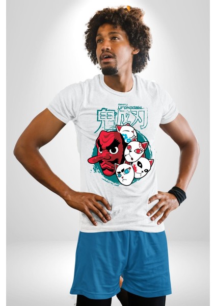 Demon Slayer Urokodaki Maskeler Anime Kadın Erkek Ön Baskılı Beyaz Pamuklu Tişört Penye Klasik fiyatları