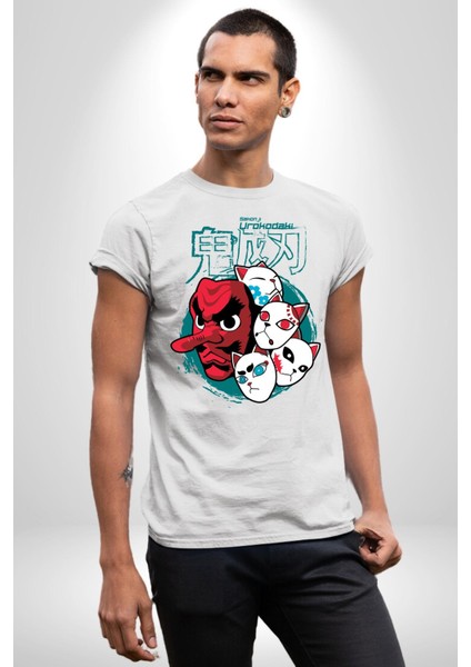 Demon Slayer Urokodaki Maskeler Anime Kadın Erkek Ön Baskılı Beyaz Pamuklu Tişört Penye Klasik modelleri