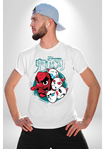 Demon Slayer Urokodaki Maskeler Anime Kadın Erkek Ön Baskılı Beyaz Pamuklu Tişört Penye Klasik fırsatları