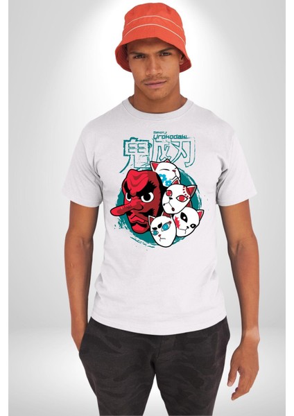 Demon Slayer Urokodaki Maskeler Anime Kadın Erkek Ön Baskılı Beyaz Pamuklu Tişört Penye Klasik indirimleri