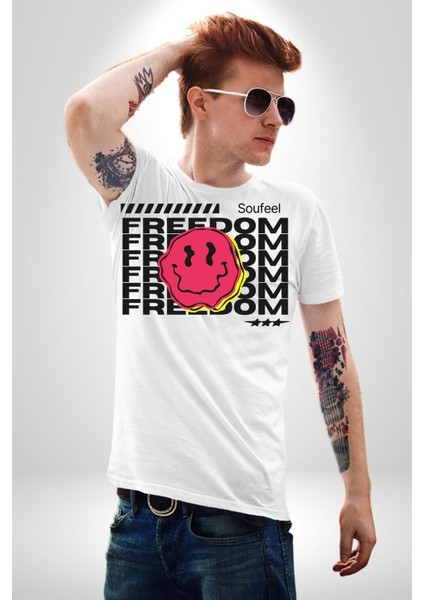 Özgürlük Gülen Surat Kadın Erkek Ön Baskılı Beyaz Pamuklu Tişört Penye Klasik fırsatları