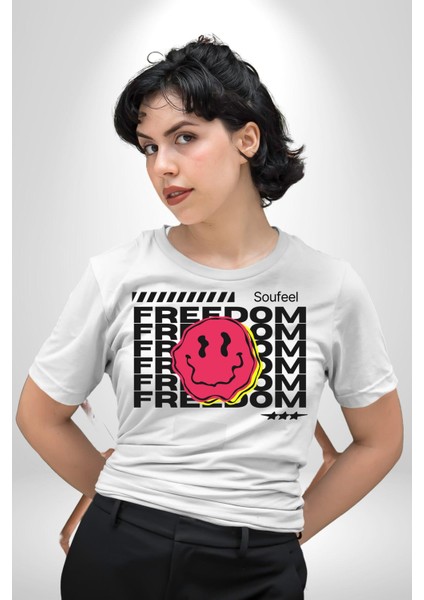 Özgürlük Gülen Surat Kadın Erkek Ön Baskılı Beyaz Pamuklu Tişört Penye Klasik indirimleri