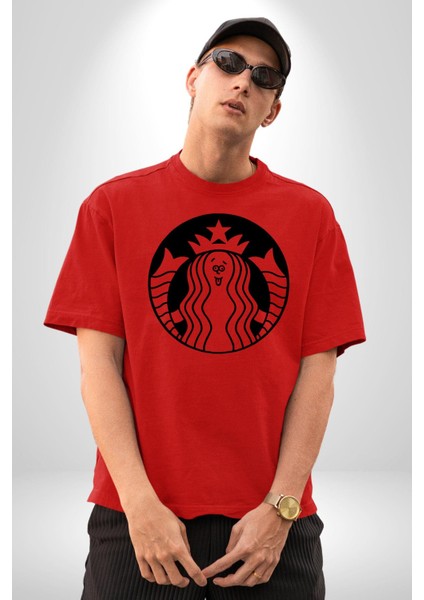 Komik Kadın Kafe Logo Kadın Erkek Ön Baskılı Kırmızı Pamuklu Tişört Penye Klasik