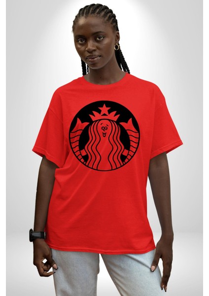 Komik Kadın Kafe Logo Kadın Erkek Ön Baskılı Kırmızı Pamuklu Tişört Penye Klasik indirimleri