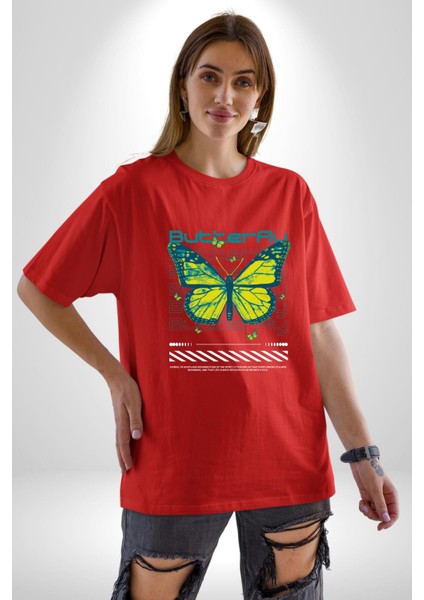 Kelebek Sokak Tarzı Kadın Erkek Ön Baskılı Kırmızı Pamuklu Tişört Penye Klasik fırsatları