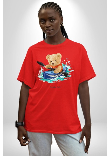 Kanocu Tatlı Oyuncak Ayı Kadın Erkek Ön Baskılı Kırmızı Pamuklu Tişört Penye Klasik