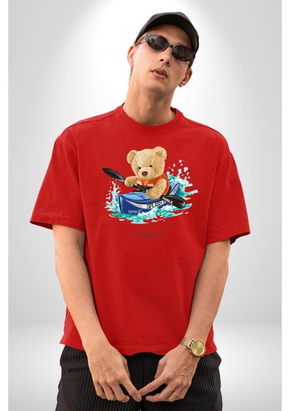 Kanocu Tatlı Oyuncak Ayı Kadın Erkek Ön Baskılı Kırmızı Pamuklu Tişört Penye Klasik fırsatları