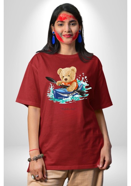 Kanocu Tatlı Oyuncak Ayı Kadın Erkek Ön Baskılı Kırmızı Pamuklu Tişört Penye Klasik indirimleri