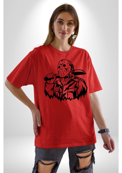 13. Cuma Korku Karakteri Jason Kadın Erkek Ön Baskılı Kırmızı Pamuklu Tişört Penye Klasik