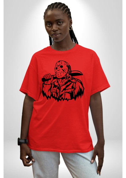 13. Cuma Korku Karakteri Jason Kadın Erkek Ön Baskılı Kırmızı Pamuklu Tişört Penye Klasik modelleri